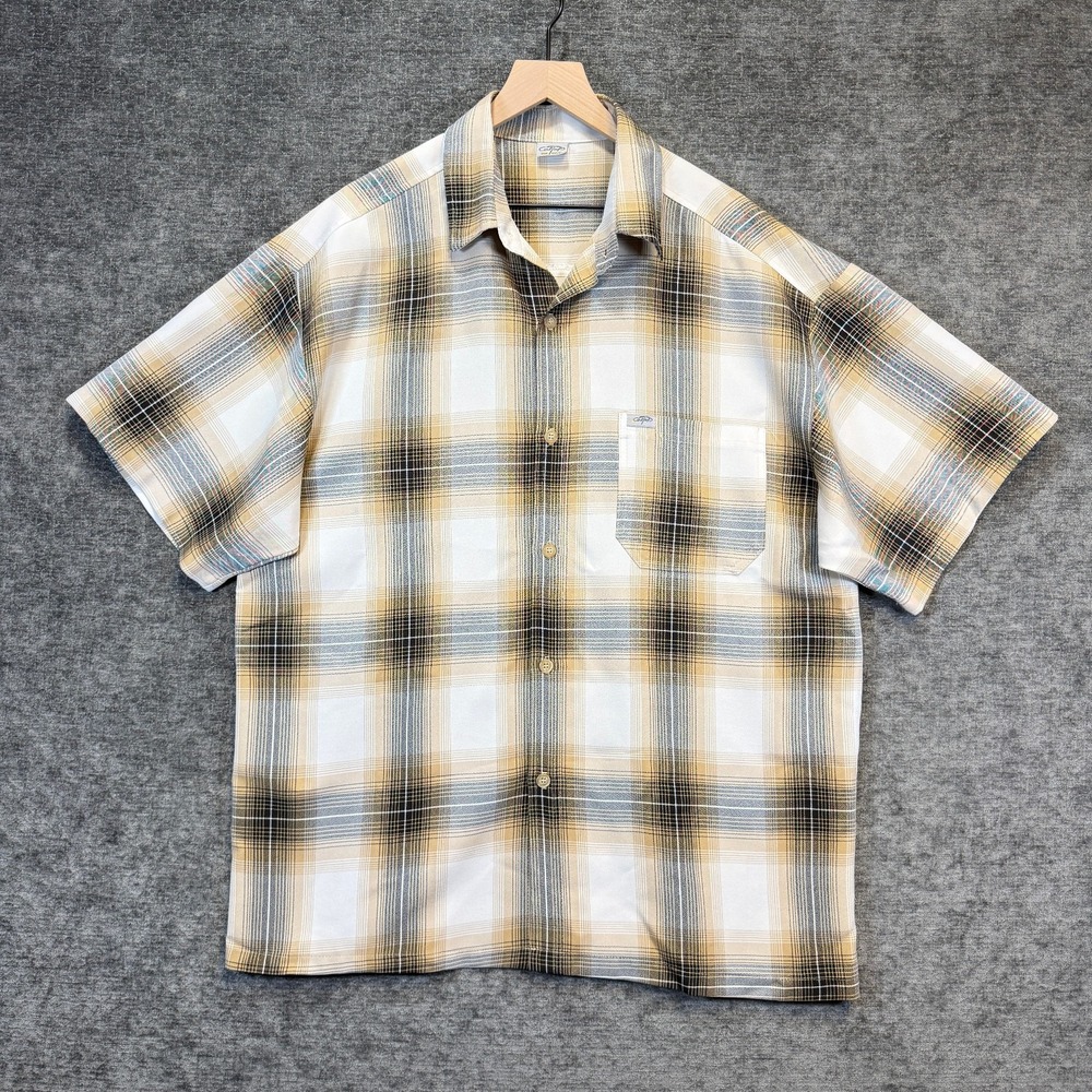 CalTop Plaid Button Up Shirt XL Men Short Sleeve Lowrider Chicano Tan USA Made